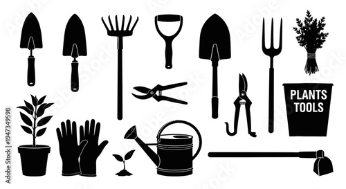 Set of Gardening Tools and Equipment Silhouettes