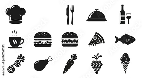 Set of Food and Drink Icons in Black and White Style