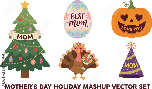 A collection of holiday-themed vector icons designed for Mother's Day celebration includes a decorated Christmas tree and a Thanksgiving turkey.