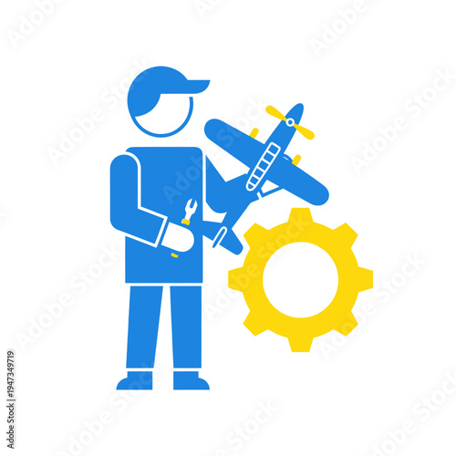 Aircraft Mechanic Holding Wrench Next to Airplane and Gear Icon