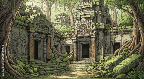 Ancient Stone Temple Ruins Overgrown by Jungle Trees