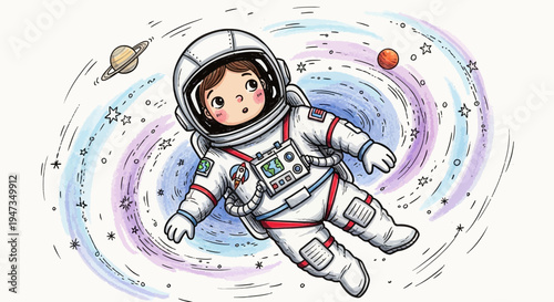 Cute Cartoon Astronaut Child Floating in Outer Space