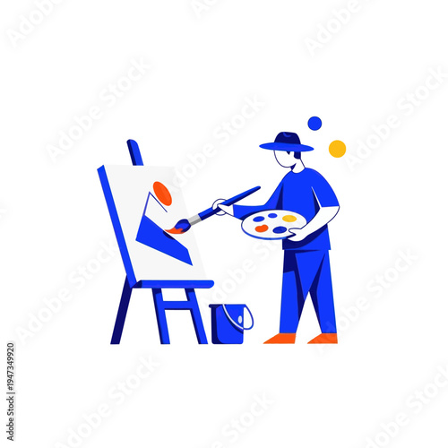 Artist painting landscape on easel, creative process, illustration, blue and orange colors