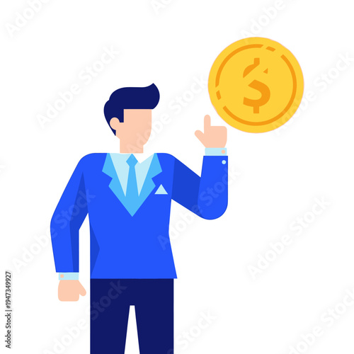 Businessman points to a golden coin with dollar sign, flat illustration