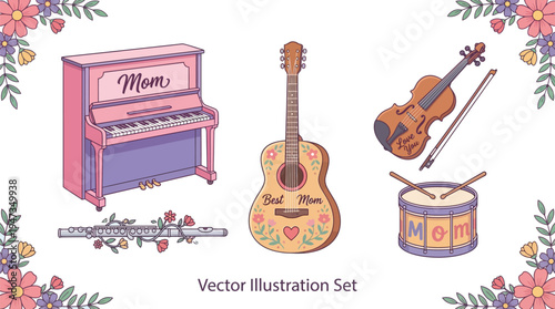 A set of musical instruments including a pink piano, acoustic guitar, violin, flute, and drum is displayed against a white background with floral borders.