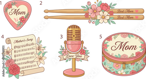 A collection of pink-themed musical accessories and song sheets celebrating motherhood includes a heart-shaped charm and a vintage microphone.