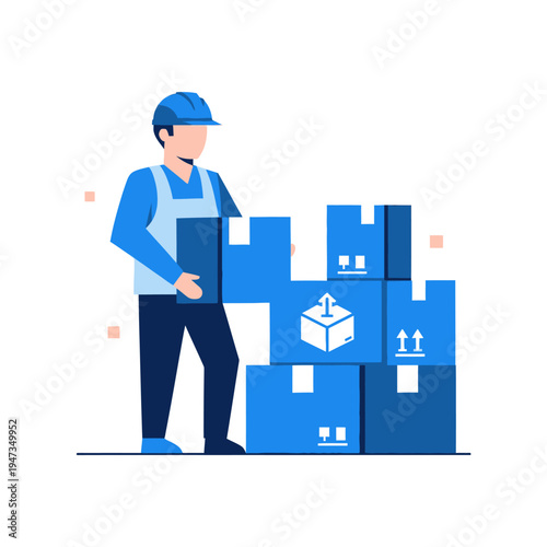 Delivery worker with stack of blue boxes, logistics and shipping concept