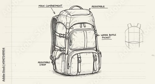 Technical Sketch of a Hiking Backpack with Labeled Features