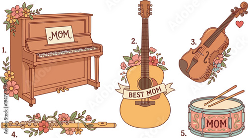 Musical instruments decorated with flowers and banners dedicated to mothers are arranged for a holiday celebration.