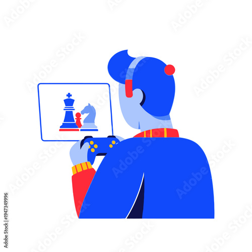 Gamer playing chess video game with controller, e-sport strategy concept