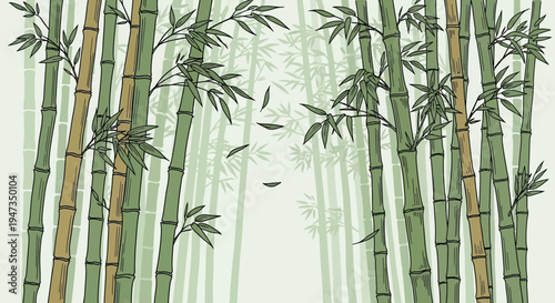 Minimalist Bamboo Forest Illustration with Falling Leaves
