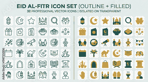 Eid al fitr icon set featuring outline and filled designs in gold and green on transparent background
