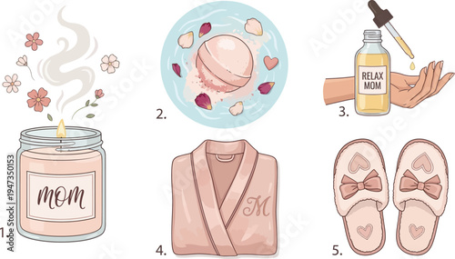 Collection of self-care and relaxation items features a lit aromatherapy candle, a bath bomb, essential oil application, a plush robe, and slippers.