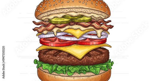 Hand Drawn Illustration of a Gourmet Bacon Cheeseburger