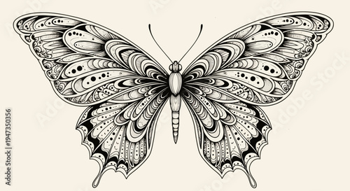 Detailed Hand Drawn Butterfly Illustration with Ornamental Patterns