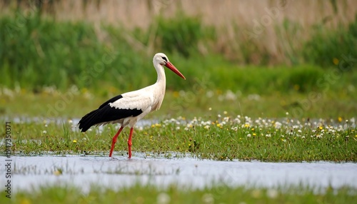 An elegant wading bird with striking black and white plumage and a long red beak and legs stands in a marshy wetland