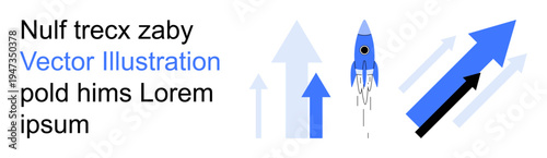 Business growth, startup success, innovation, upward trends, goal progression, achievement. Rocket and upward arrows in blue and black. Business growth and startup success concept
