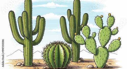 Hand Drawn Illustration of Diverse Desert Cacti in a Sunny Landscape