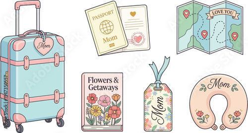 A collection of vintage-style travel accessories including a suitcase, passport, map, and neck pillow, all themed for mothers.