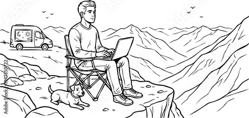 Digital nomad working on laptop with dog and camper van on cliff vector