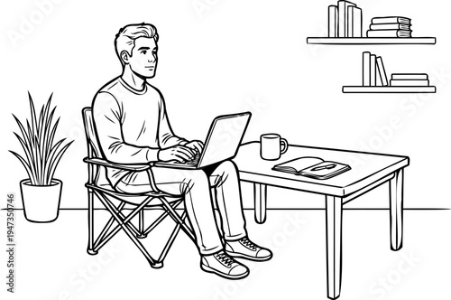 Freelancer working on laptop at home office, productivity line art