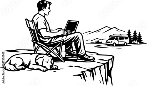 Digital nomad working on laptop with dog on cliff, remote work vector