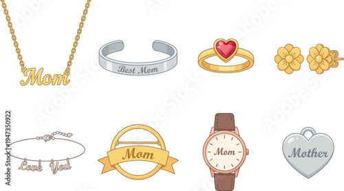 Assortment of jewelry items including a necklace, bracelet, cuff, ring, earrings, watch, and heart-shaped pendant are presented.