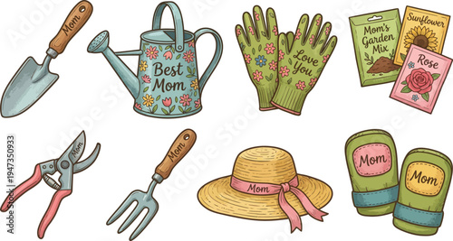 Gardening tools and accessories featuring watering can, gloves, trowel, pruners, hat, and seed packets are displayed together.