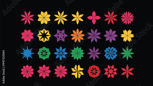 Colorful geometric patterns composed of star-like shapes in vibrant hues arranged symmetrically Vector