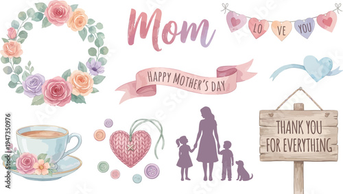 Watercolor elements featuring a floral wreath, a banner, a silhouette of a mother with children, and a wooden sign express sentiments for Mother's Day.