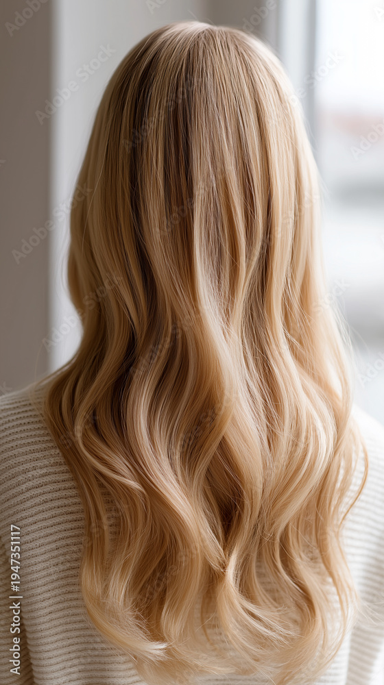 Naklejka premium Long wavy blonde hair from back view showcasing healthy shiny hairstyle and beauty care.