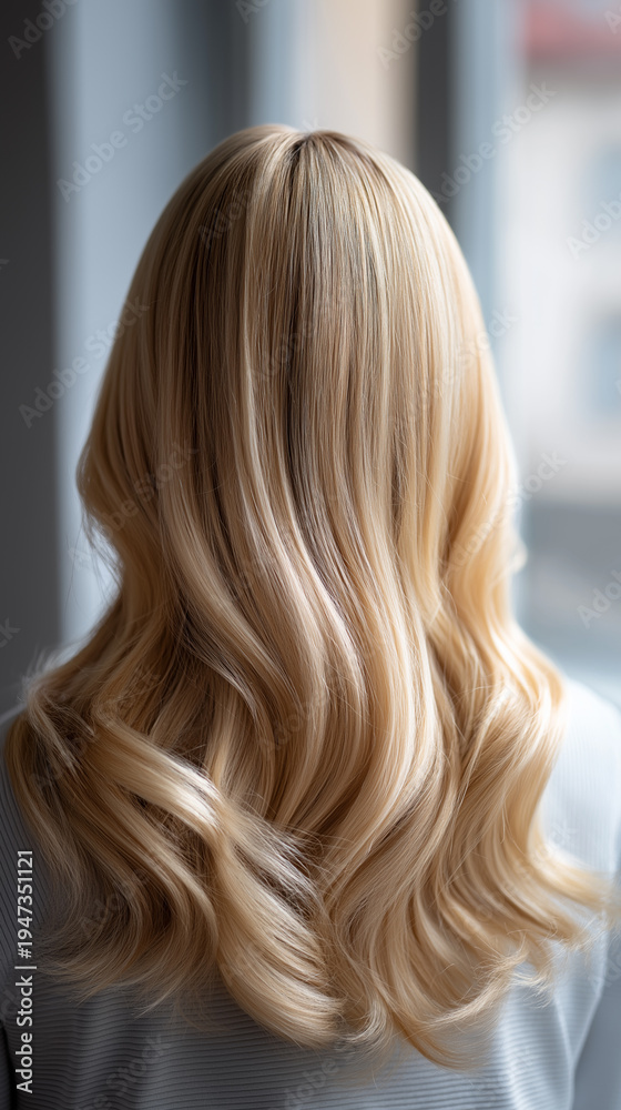 Naklejka premium Long wavy blonde hair from back view showcasing healthy shiny hairstyle and beauty care.