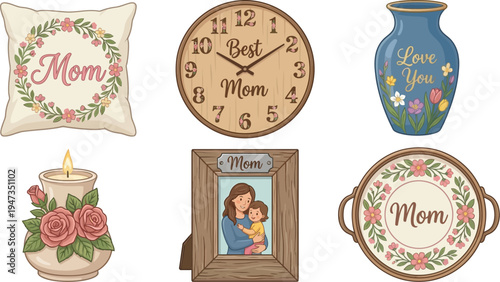 Various illustrated home decor items and keepsakes celebrating motherhood are displayed against a white background for holiday themes.