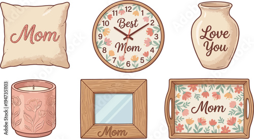 Assorted home decor items including a pillow, wall clock, vase, candle, picture frame, and serving tray all bear warm messages for 'Mom'.