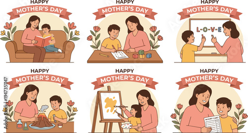 A mother and son engage in various educational and creative activities together, celebrating happy moments on Mother's Day.
