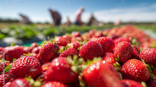 Freshly harvested strawberries piled in abundance on a farm with blurred figures of workers picking fruit in the sunlit background under a clear blue sky