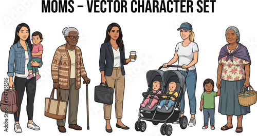 Set of diverse mothers representing different generations and lifestyles stands together for a family illustration.