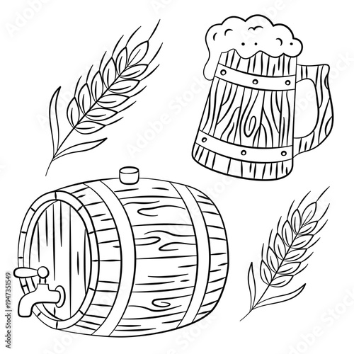 Beer festival hand drawn collection in sketch style. Barrel and wood mug. Beer barrel, mug, hops. Beer illustration for patches, labels, holiday greetings