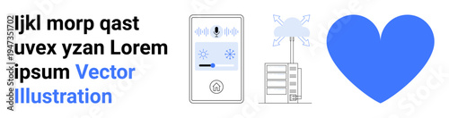 Communication, technology, digital security, health, love, urban infrastructure. A blue heart, intercom screen transmission tower and text. Communication and technology inspire this concept