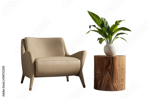 Beige leather armchair with wood side table and houseplant, creating a cozy elegant interior design concept on transparent background