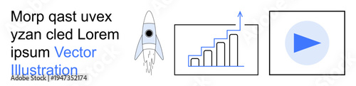 Startup growth, technology innovation, business success, data progression, media playback, exploration. Rocket taking off, a graph indicating growth and a play symbol. Startup growth and technology
