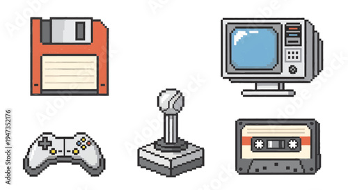80s 90s Vintage Retro Technology Pixel Art Icons Nostalgia Set