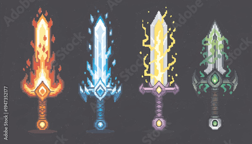 Magical Elemental Swords Set with Fire Ice Lightning and Poison Effects