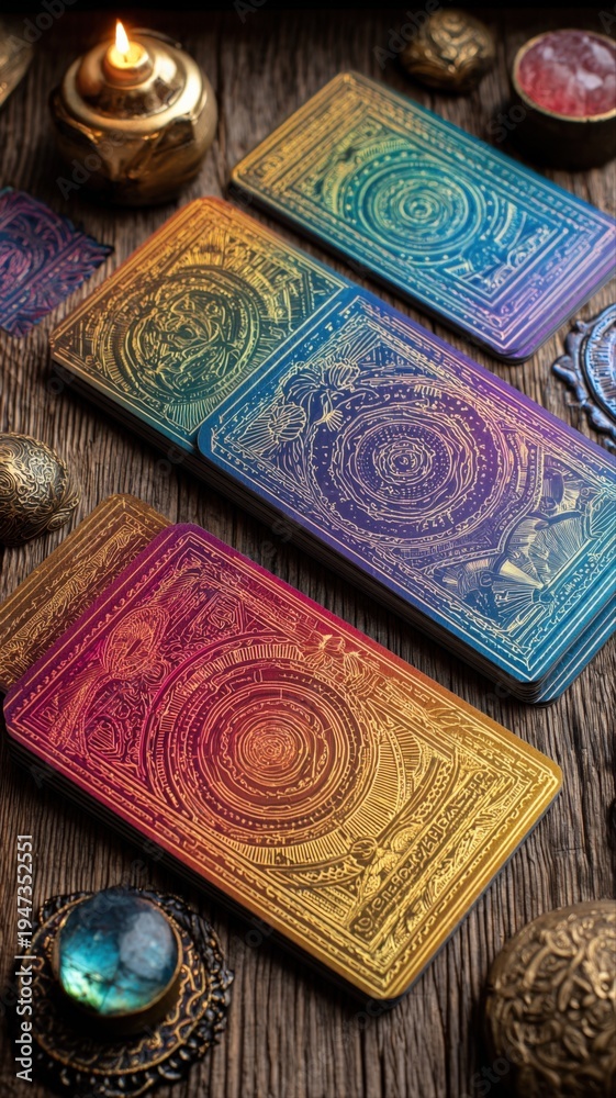 Fototapeta premium Mystical Tarot Cards Still Life with Ornate Designs and Esoteric Elements for Spiritual Guidance