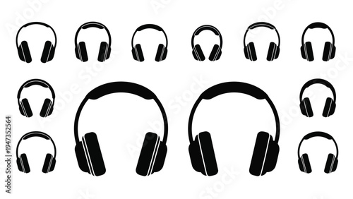 Varied styles of headphones displayed in a uniform arrangement. Vector