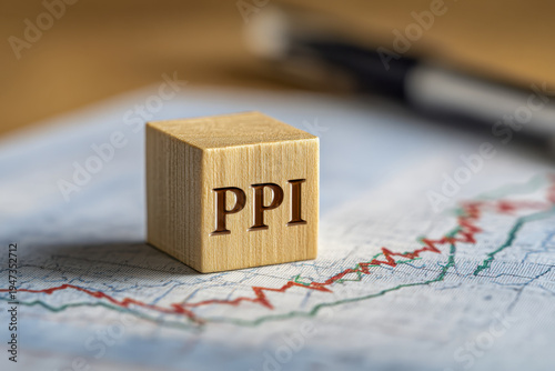 Wooden block with ppi abbreviation placed on financial chart with fluctuating graph lines and a pen blurred in the background representing economic data analysis