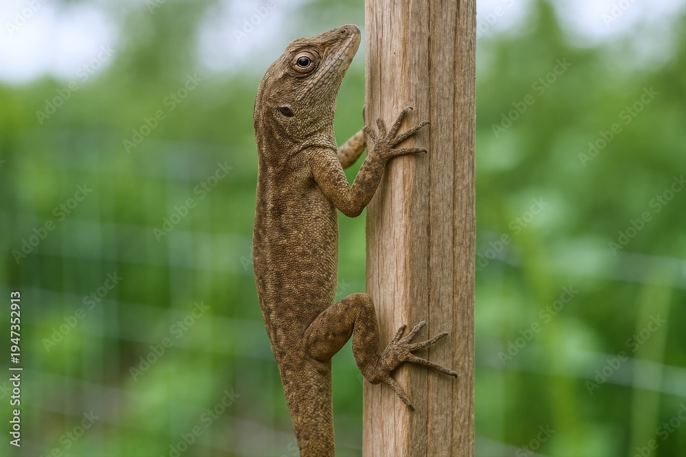 Fototapeta premium Anole Lizard Climbing Wooden Post, Wildlife Macro Photography, Natural Habitat, Green Background