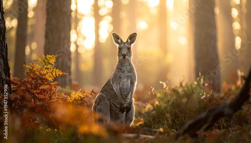 An eye-level shot captures a kangaroo sitting in a sun-dappled forest, autumn foliage adds warmth to the scene