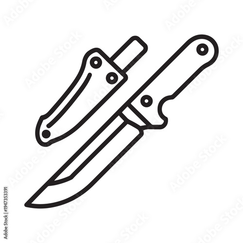 Black and white line art illustration of a butterfly knife and sheath