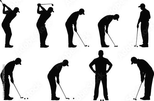 Vector silhouette collection of male golfers performing various swings and putting strokes isolated on white backgroun